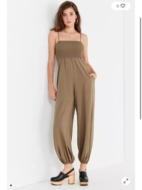 Urban Outfitters Olive Smocked-Bodice Wide-Leg Jumpsuit